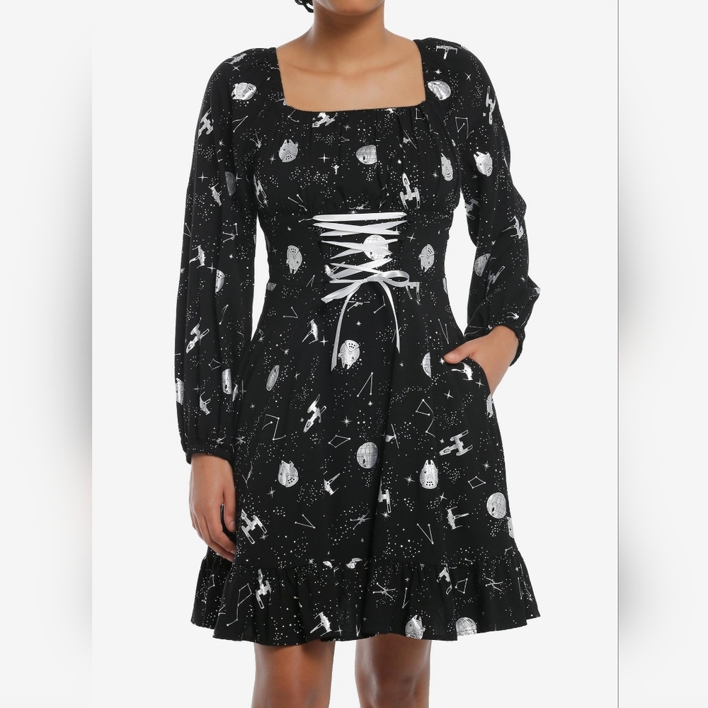 Star Wars Foil Print Lace-Up Long-Sleeve Dress size medium